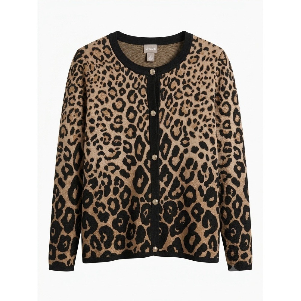 Chicos Large Leopard Cardigan Knit Boho Old Money Chic Timeless Stretch